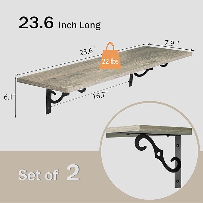DINZI LVJ Long Wall Shelves, 23.6 Inch Large Floating Shelves Set of 2, Wide Display Shelf Wall Mounted with Brackets, Easy Hanging for Living Room, Toilet, Office, Bedroom, Gray Wash-NeatNest