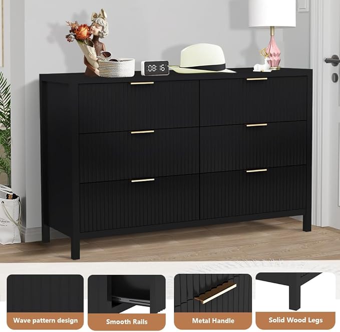 6 Drawer Dresser Cabinet, Long Nightstand with Drawers and Storage Cabinet, Solid Wood Dresser TV Stand, Mid Century Modern Nightstand with 6 Drawer Dresser for Bedroom Closet (Black)