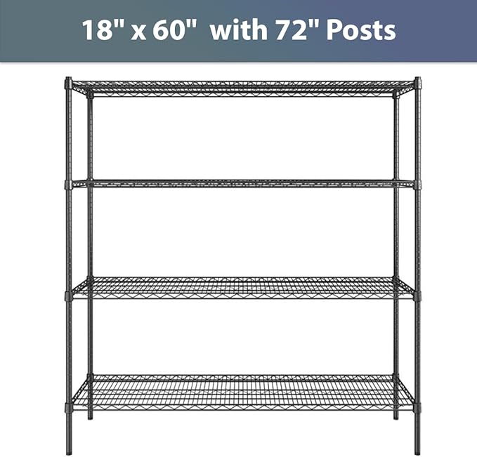 18" x 60" NSF Black Epoxy 4-Shelf Kit with 72" Posts, Commercial Storage Rack Unit, Heavy Duty Storage Shelving, Wire Shelving Kit, Adjustable Rack Strong Steel, Multipurpose Wire Shelf