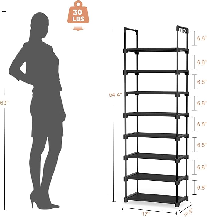 Tall Shoe Rack 8 Tiers, 16-20 Pairs Shoe and Boots Organizer Storage Sturdy Shoe Shelf, Narrow Vertical Shoe Rack for Entryway, Closet, Metal Shoe Organizer with 5 Hooks-NeatNest