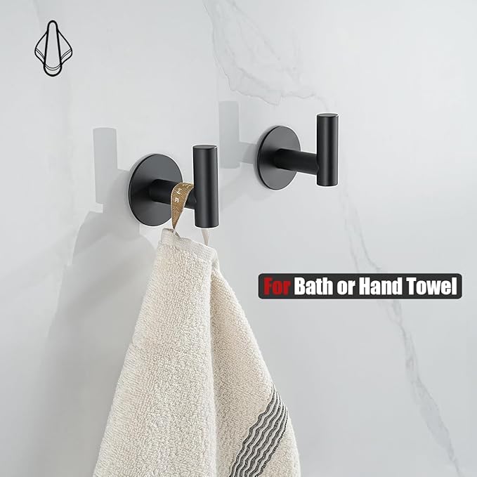 JQK Self Adhesive Towel Hook Black, No Drill Stick on Coat Robe Clothes Wall Hook for Bathroom Kitchen Garage 2 Pack, 304 Stainless Steel Matte Black, ATH110-PB-P2