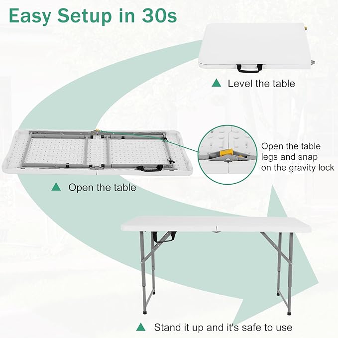 Folding Table, 4 FT Heavy Duty Plastic Foldable Table with Carrying Handle, Adjustable Height Portable Party Tables for Garden Party Picnic Camping BBQ Dining Kitchen Wedding Market Events-NeatNest