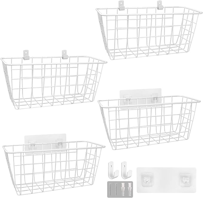 LIGHT DUST Wire Hanging Wall Basket, 4 White Baskets Set, Adhesive Wall Mount Organizer for Pantry Kitchen RV Bathroom Cabinet Storage Organization-NeatNest