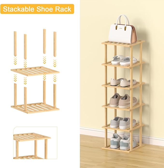 6-Tier Bamboo Shoe Rack - Vertical Shoe Rack for Small Spaces, Tall Narrow Shoe Rack Organizer for Closet Entryway Corner Garage and Bedroom,Free Stackable DIY，Primary Colours-NeatNest