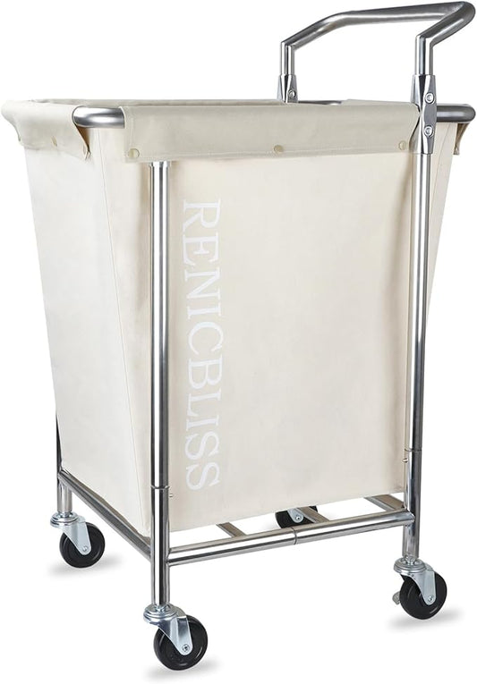 Laundry Cart with Wheels, Rolling Laundry Hamper with Wheels and Handle, Large Dirty Clothes Hamper for Laundry Heavy Duty, Beige