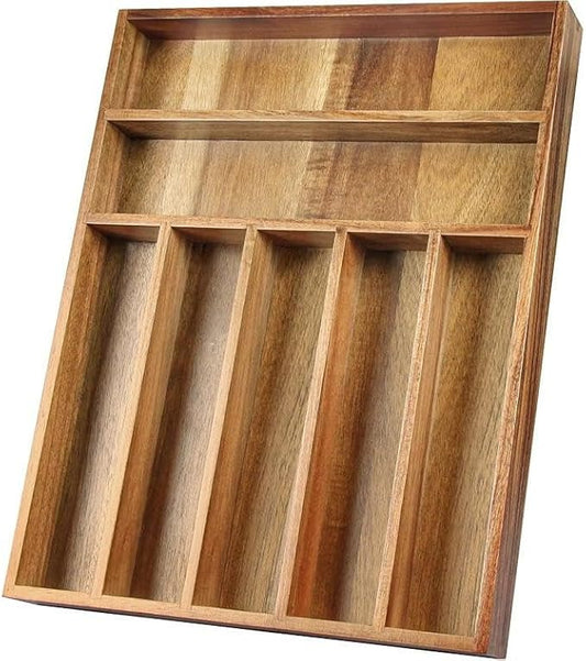 Acacia Wood Silverware Organizer, Kitchen Utensil Drawer Organizer, Fork and Spoon Utensil Holder Organizer. Can Also Be Used To Organize Jewelry, Tools, Office Supplies and Make Up. (7 bulkheads)