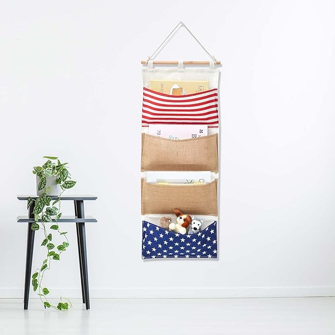Juexica Fish Extender 32.3 x 13.2 Inch Hanging Pockets 4 Pocket Innovation Storage Bag Hanging Organizer Linen Cotton Wall Storage Bag for Cruise Cabin Door Closet Gifts(1 Pcs)-NeatNest