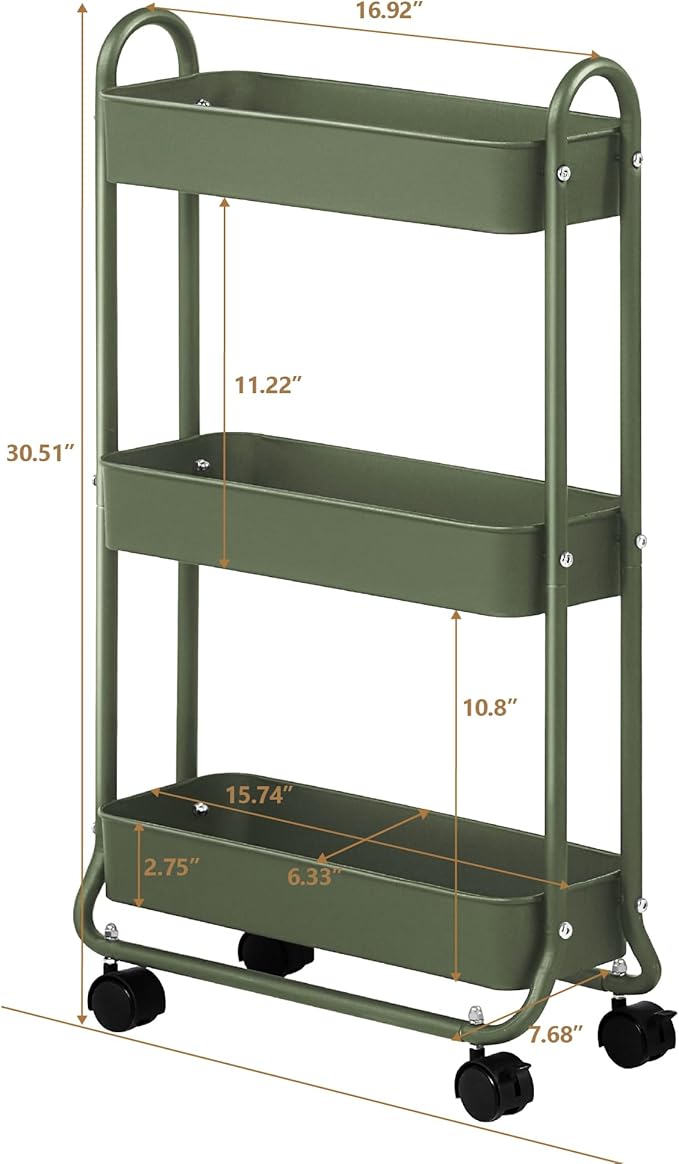SunnyPoint Slim Rolling Storage Cart, 3 Tier Bathroom Storage Organizer Bathroom, Laundry Utility Cart (Army)-NeatNest