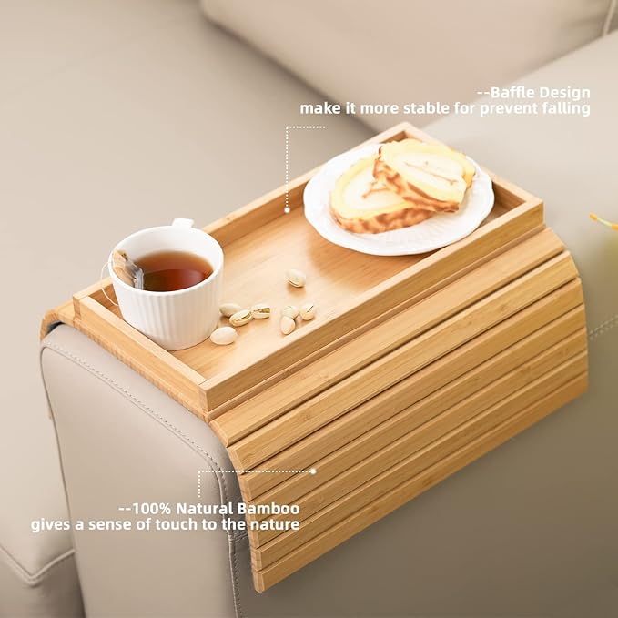 GEHE Bamboo Sofa Arm Tray, Foldable Couch Arm Tray Side Table, Anti-Falling Armrest Tables Cup Holder for Snacks, Drinks, Beers, Phone, Control, Flexible and Portable, Anti-Slip Bottom-NeatNest