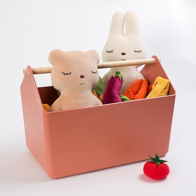 BLUE GINKGO Large Storage Basket – Plastic Caddy with Wooden Handle for Bathroom, Pantry, or Cleaning Supplies (Terracotta)-NeatNest