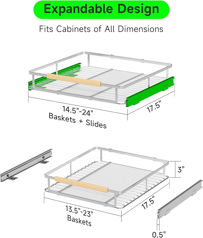 Expandable Pull Out Drawers for Cabinets, Kitchen Cabinet Slide Out Shelves, Adjustable Roll Out Drawers, Stainless Steel, Medium 1 Pack, (14.5"-24") Width x 17.5" Depth-NeatNest