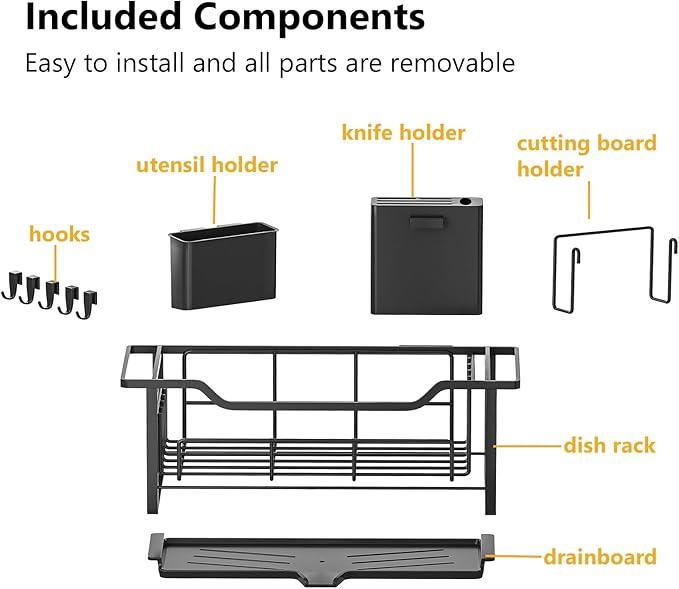 Narrow Dish Drying Rack for Kitchen Counter Auto Drain Iron Dish Drainer with Removable Cutlery Basket, Black