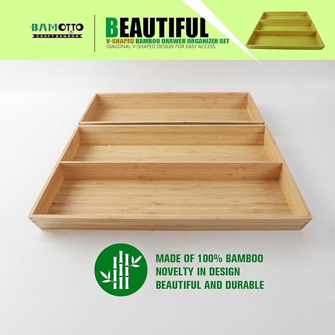2-Piece V-Shaped Bamboo Drawer Organizer - Ideal for Kitchen's Large Long Tableware, Cooking Utensils, Flatware, Silverware - Wood Storage Box for Home, Bedroom, Bathroom (19.6"x12.4" & 19.6"x7.8")-NeatNest