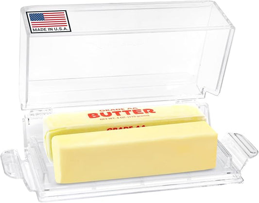 Airtight Butter Dish with Hinged Lid - Large Plastic Butter Container for Countertop or Fridge, Fits East & West Coast Sticks, Dishwasher Safe, Made in USA