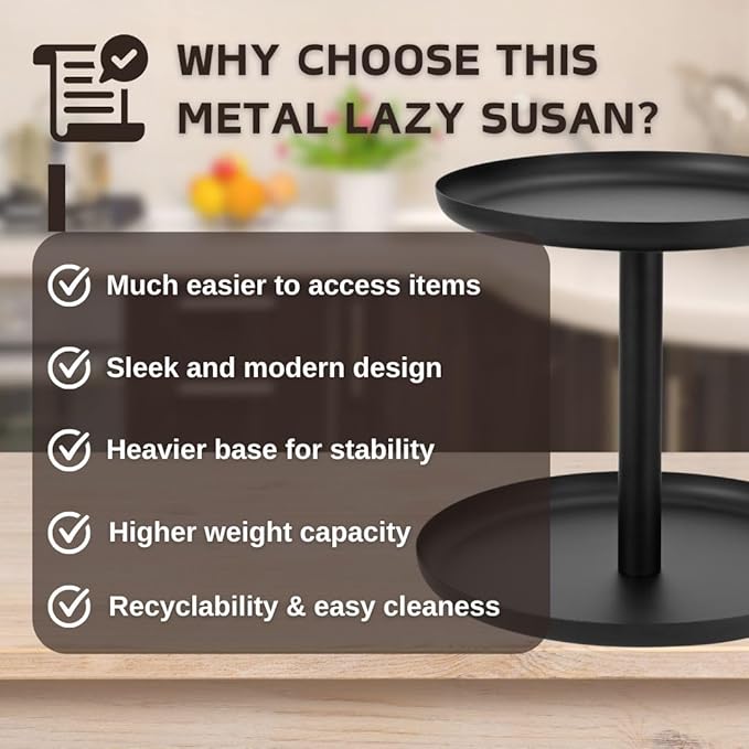 IBERG 2-Tier Metal Lazy Susan Organizer, Black, 9"&10" - Modern, Rotating Spice Organizer for Kitchen & Pantry