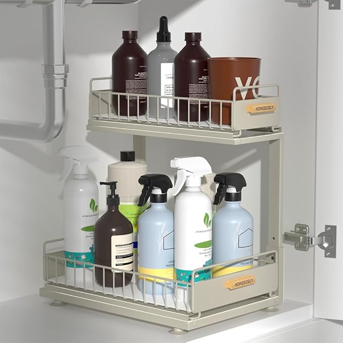 Under Sink Organizer, Pull Out Kitchen Cabinet Organizer 2 Tier Slide Out Under Sink Organizers and Storage, Sink Shelf Cabinet Storage Shelves for Kitchen Bathroom Pantry, Grey-NeatNest