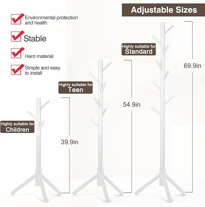 2 PCS Coat Rack, Freestanding Coat Rack with 8 Hooks and 3 Adjustable Size Tree Coat Racks for Bedroom, Hallway, Entrance, Office, for Hats, Coats, Scarves, Handbags-NeatNest