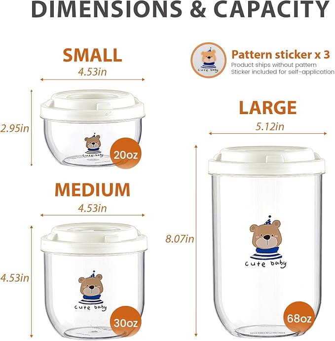 3 PCS Coffee Sugar Container Salts Jars, Transparent Cereal Containers Storage Set, Stackable BPA-Free Plastic Kitchen Pantry Organizer for Dry Food, Flour, Spice, Creamer