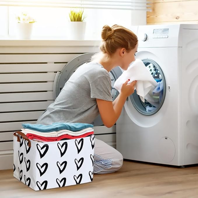 CLOCOR Heart Rectangular Basket, Cute Pattern Storage Bin, Collapsible Waterproof Storage Box with Handles for Kids, Gift Baskets, Shelf Basket (Black Hearts)-NeatNest