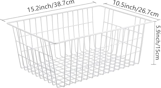 15.2" Metal Wire Baskets for Organizing 6 Pack, Household Pantry Storage Freezer Organizer Bins with Handles, Freezer Baskets for Upright Freezer, Refrigerators, Kitchen Cabinets, White
