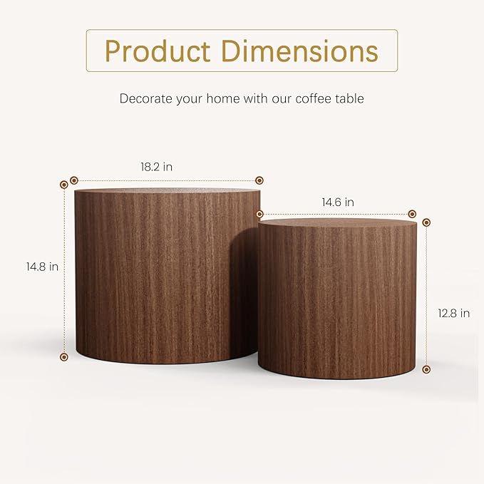 Round Coffee Table Set of 2 Modern Nesting Coffee Tables Wooden Drum Coffee Tables with Non-Slip Feet, Circle Nesting Tables End Table for Living Room Office, No Assembly (Dark Wood 18.11"+14.57")