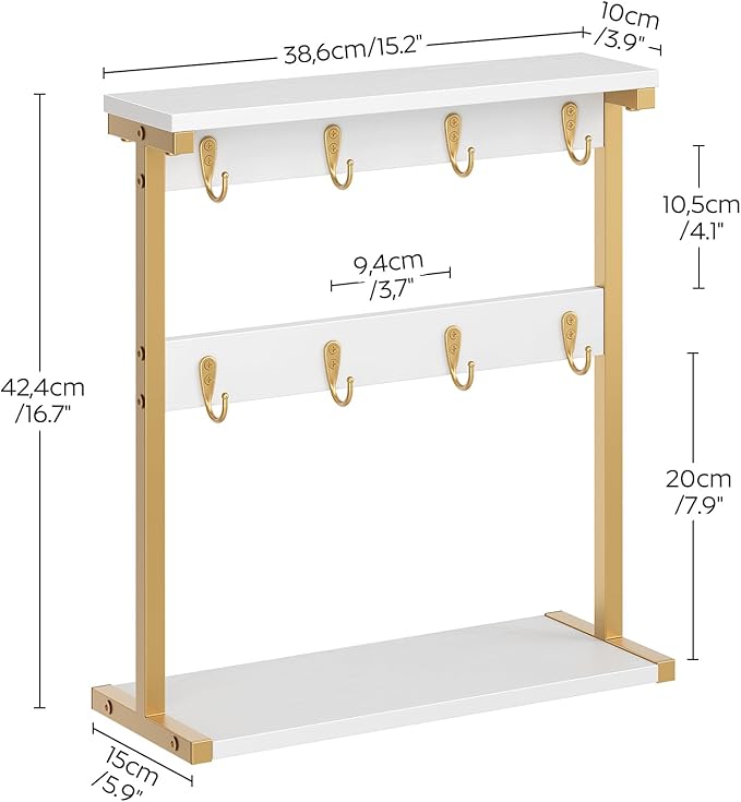 Coffee Mug Holder for Counter, 2 Tier Mug Tree Rack, with 8 Hook and 2 Open Shelves, Vintage Mug Holder Stand for Home Kitchen, White and Gold MH43DW-NeatNest