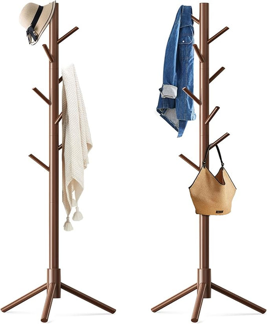2 Pack Coat Rack, Solid Wood Coat Rack Freestanding with 8 Hooks & 3 Adjustable Heights, Simple Assembly Coat Tree for Hats, Bags, Wooden Coat Hanger Stand for Bedroom, Entryway, Office-NeatNest