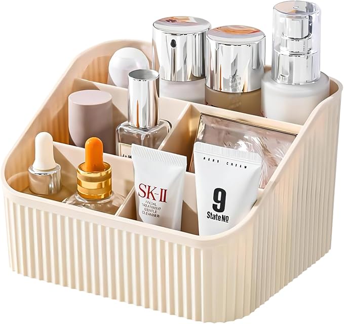 DASITON Large Capacity Makeup Brush Holder,5 Slot Makeup Brush Cup,Vintage striped Make Up Brush Holder,for Vanity Decor,Bathroom Countertops,Desk Storage Container,Cosmetic Display cases(Cream)-NeatNest