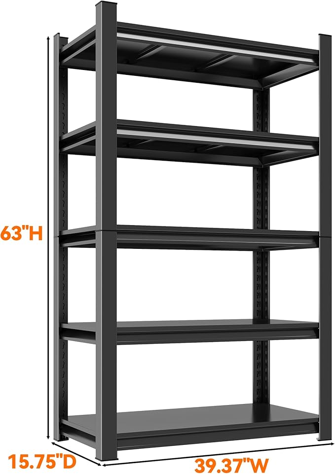 5-Tier Adjustable Garage Shelving Units, Heavy Duty Steel Storage Shelves, Detachable Metal Rack Shelf – Perfect for Garage, Shed, or Warehouse (Black-63.00H*39.37W, 15.75D-5Tier)