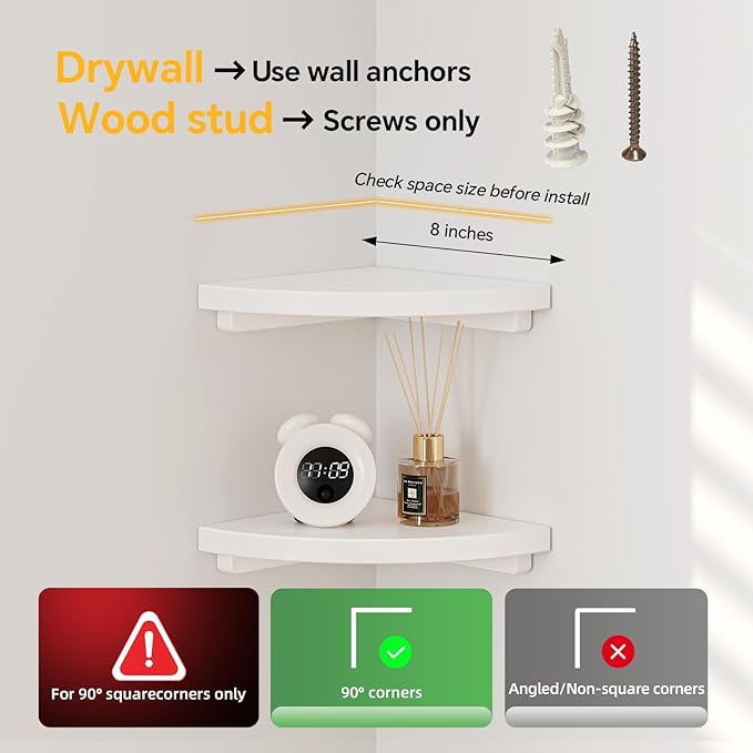 Floating Corner Shelves White 8", Solid Oak Wall Mounted Wooden Display Storage Rack with Wire Hole for Plants, Photos, Speakers, Bedroom, Kitchen, Living Room Décor - 2-Pack-NeatNest