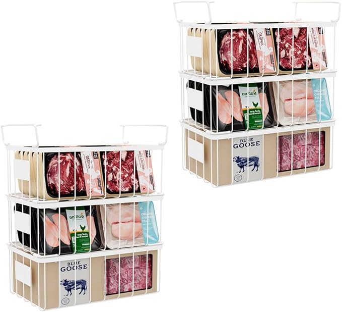 Freezer Storage Organize Baskets - 6 Pack Stackable Deep Freezer Organizer Bins for Most 7 Cu.FT Chest Freezer with Handles, Sturdy but Light, Metal Coated, Add Space, Easy to Reach
