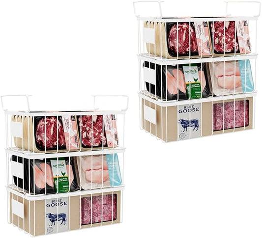 Freezer Storage Organize Baskets - 6 Pack Stackable Deep Freezer Organizer Bins for Most 7 Cu.FT Chest Freezer with Handles, Sturdy but Light, Metal Coated, Add Space, Easy to Reach