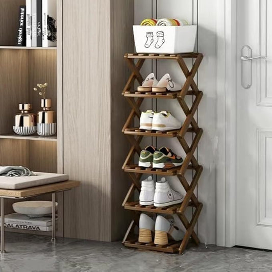 Shoe Rack, Bamboo Foldable Shoes Organizer Free Standing Shelf for Entryway, Closet, Bedroom, Hallway, | Natural | Functional | Multifunctional Shoe Rack (Brown Color) 6 Layers-NeatNest