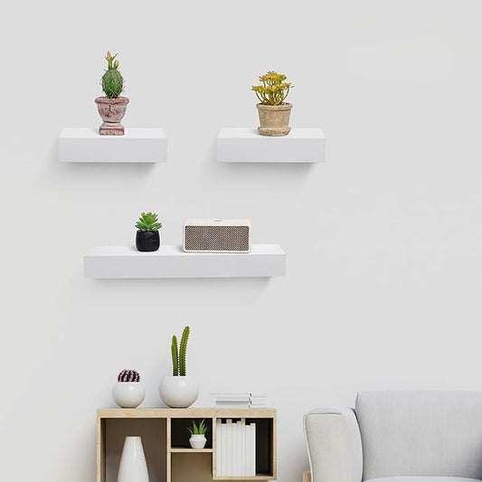 Floating Wall Shelves Set of 3 – MDF Wood Wall Mounted Shelf for Living Room, Bedroom, Bathroom, Office – Decorative Storage Racks for Plants, Photos, Books (White, Medium Set)