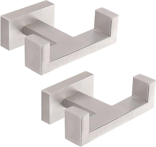 HarJue Bath Towel Hooks, 304 Stainless Steel Robe Towel Hanger Heavy-Duty Rustproof Coat Hook for Bathroom and Kitchen-Wall Mounted, Double Towel Holder (Brushed Nickel,2 Pack-Square)