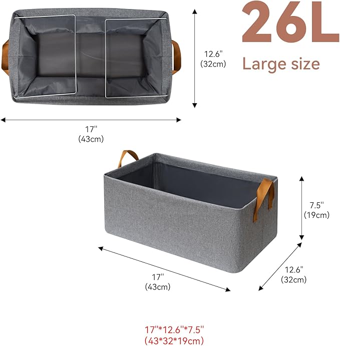 4 Pack Closet Cloth Storage Bins for Shelves,Large Storage Baskets for Shelves,Fabric Bins for Closet organization with Handles（Grey 17''L x 12.6''W x 7.5''H）-NeatNest