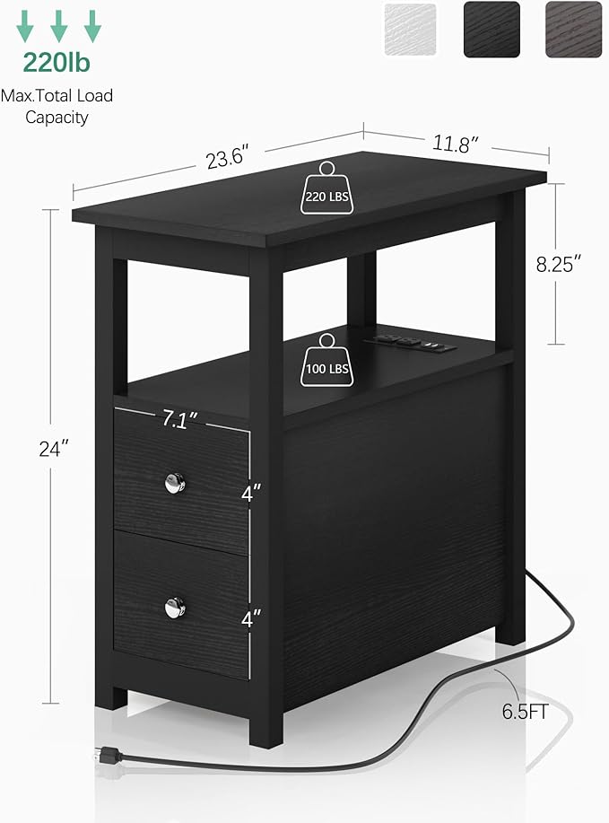 Sandinrayli End Table with Charging Station, Side Table with 2 Drawer & USB Ports & Power Outlets, Nightstand for Small Spaces, Bedside Tables for Living Room Black