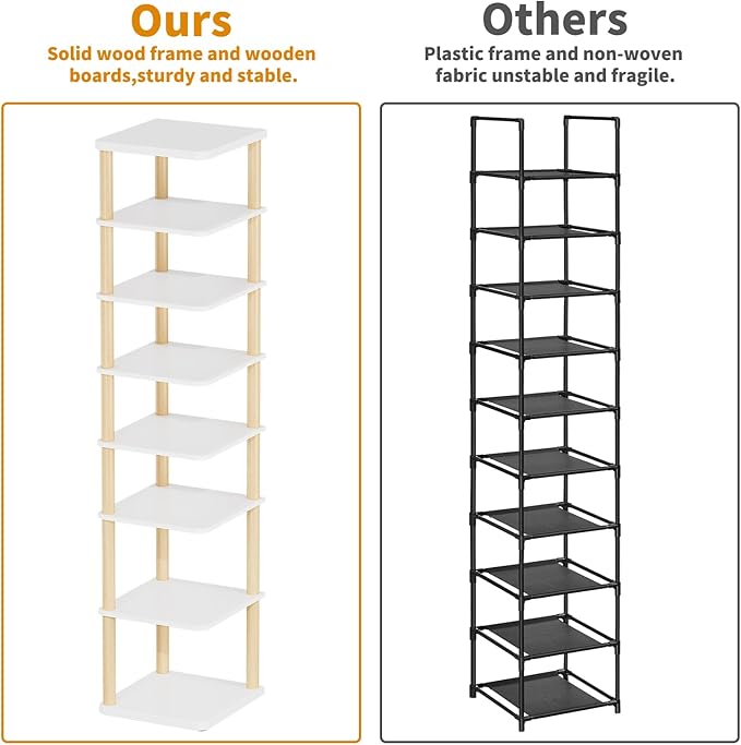 LUCKNOCK Vertical Shoe Rack, 8-Tier Tall Narrow Shoe Organizer for Entryway, Closet, Dorm & Small Spaces, Freestanding White Wooden Shoe Shelf Tower for Boots, Sneakers, Heels.-NeatNest