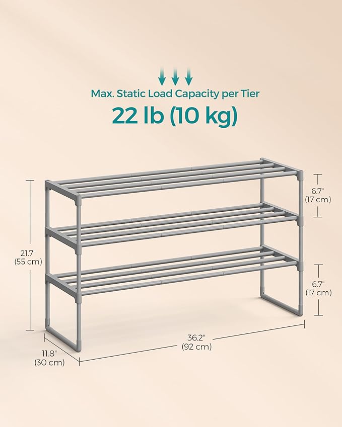 SONGMICS Shoe Rack, 3-Tier Shoe Organizer, Metal Storage Shelf, Upright or Upside Down, for 16-20 Pairs, Stackable, for Entryway, 11.8 x 36.2 x 21.7 Inches, Gray ULSA303G01-NeatNest