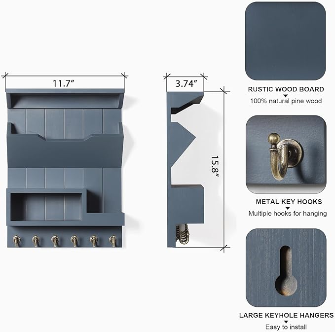 DOPACE Key Holder for Wall, Mail Organizer Wall Mounted, Mail and Key Organizer with 6 Key Hooks for Entryway and Home Decor, Gray