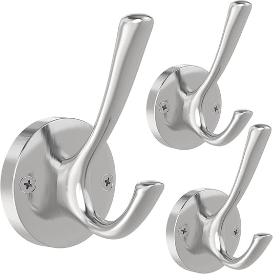 Brushed Nickel Robe Hooks Towel Hooks, 3 Pack Coat Hook Heavy Duty Mudroom Hook Double Bathrobe Hook Wall Mounted, Hat Hooks for Entryway Bathroom Kitchen Closet-NeatNest