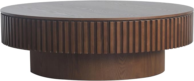 kevinplus 39.37'' Walnut Round Coffee Table Modern Wood Circle Fluted Drum Pedestal Coffee Table with Storage Space for Living Room, Easy Assembly, Walnut