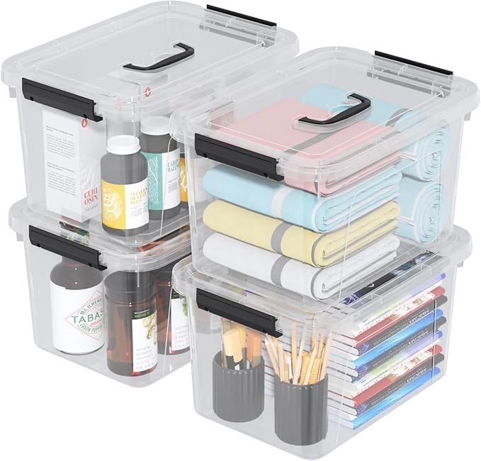 4 Pack 10.5 Quart Latching Storage Bin with Handle, Clear Latch Box