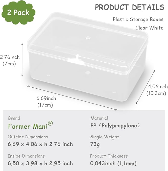 2 Packs Small Transparent Plastic Storage Case (6.69x4.06x2.76 in), Clear Rectangle Bead Organizer Case with Lids for Tiny Beads, Herbs, Pills or Small Items-NeatNest
