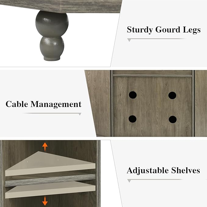 4 EVER WINNER Corner TV Stand for 50 Inch TV, Farmhouse Corner Entertainment Center with Led Light, Open Storage, Adjustable Shelves, TV Cabinets for Living Room, Bedroom, Grey-NeatNest