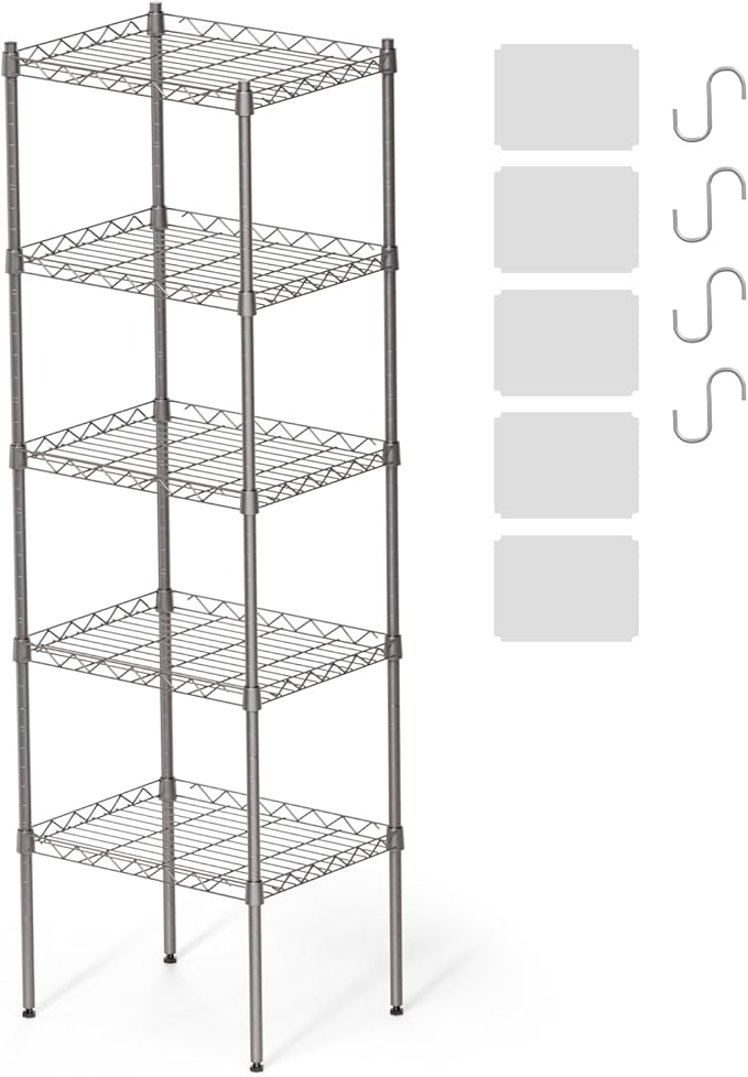 5 Tier Shelves, 16.9"x 13"x 53.9" Utility Rack Shelf, Metal Storage Shelving, Adjustable Wire Shelving Units, Heavy Duty Storage Organizer for Garage Laundry Office, Silver