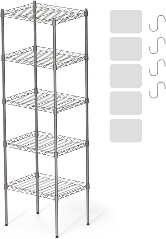 5 Tier Shelves, 16.9"x 13"x 53.9" Utility Rack Shelf, Metal Storage Shelving, Adjustable Wire Shelving Units, Heavy Duty Storage Organizer for Garage Laundry Office, Silver