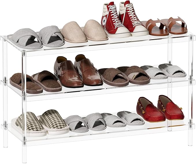 Aquiver 3-Tier Acrylic Shoe Rack - Modern Shoe Rack for Closet - Shoe Storage Organizer for Entryway, Bedroom, Living Room - 32.3'' L x 11.8'' W x 20.3'' H, Holds 12-16 Pairs of Shoes, Easy to Clean