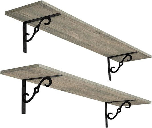 DINZI LVJ Long Wall Shelves, 39.4 Inch Large Floating Shelves Set of 2, Wide Display Shelf Wall Mounted with Brackets, Easy Hanging for Living Room, Toilet, Office, Bedroom, Gray Wash-NeatNest