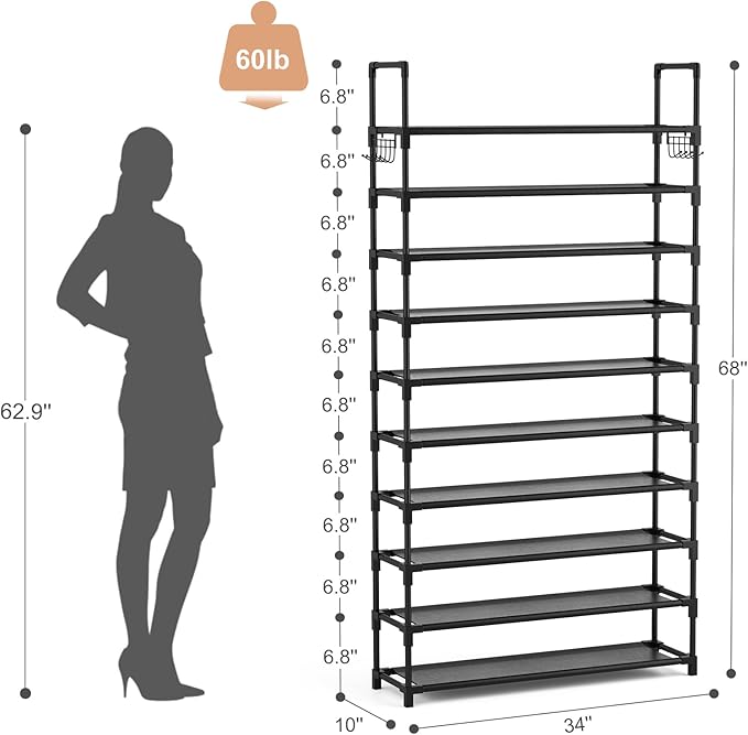 VTRIN 10-Tier Shoe Rack - Large Capacity 50 Pair Organizer with Two Hooks - Sturdy Metal Shoe Shelf for Entryway, Closet, Bedroom-NeatNest